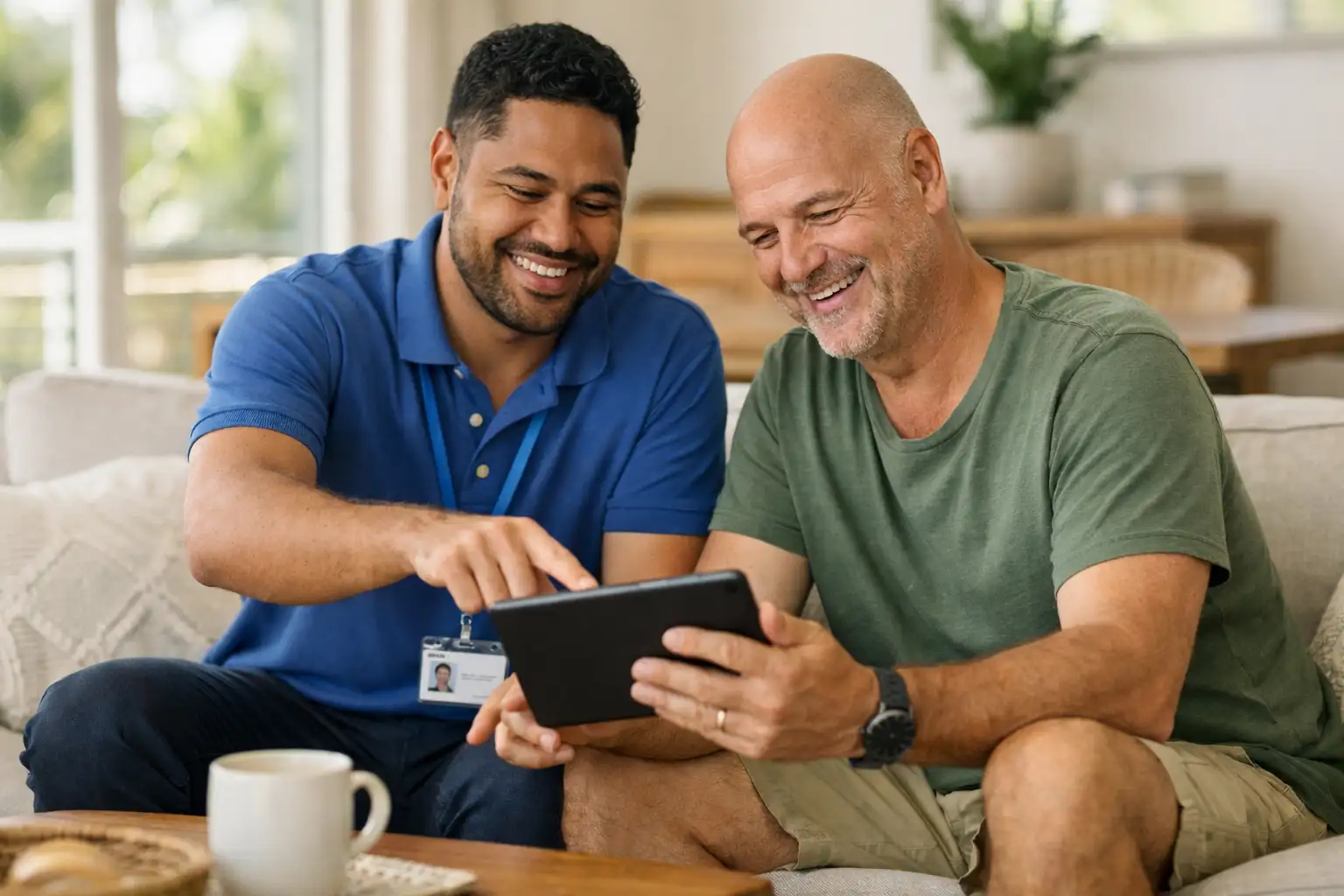 Two people reviewing service information together on a tablet.