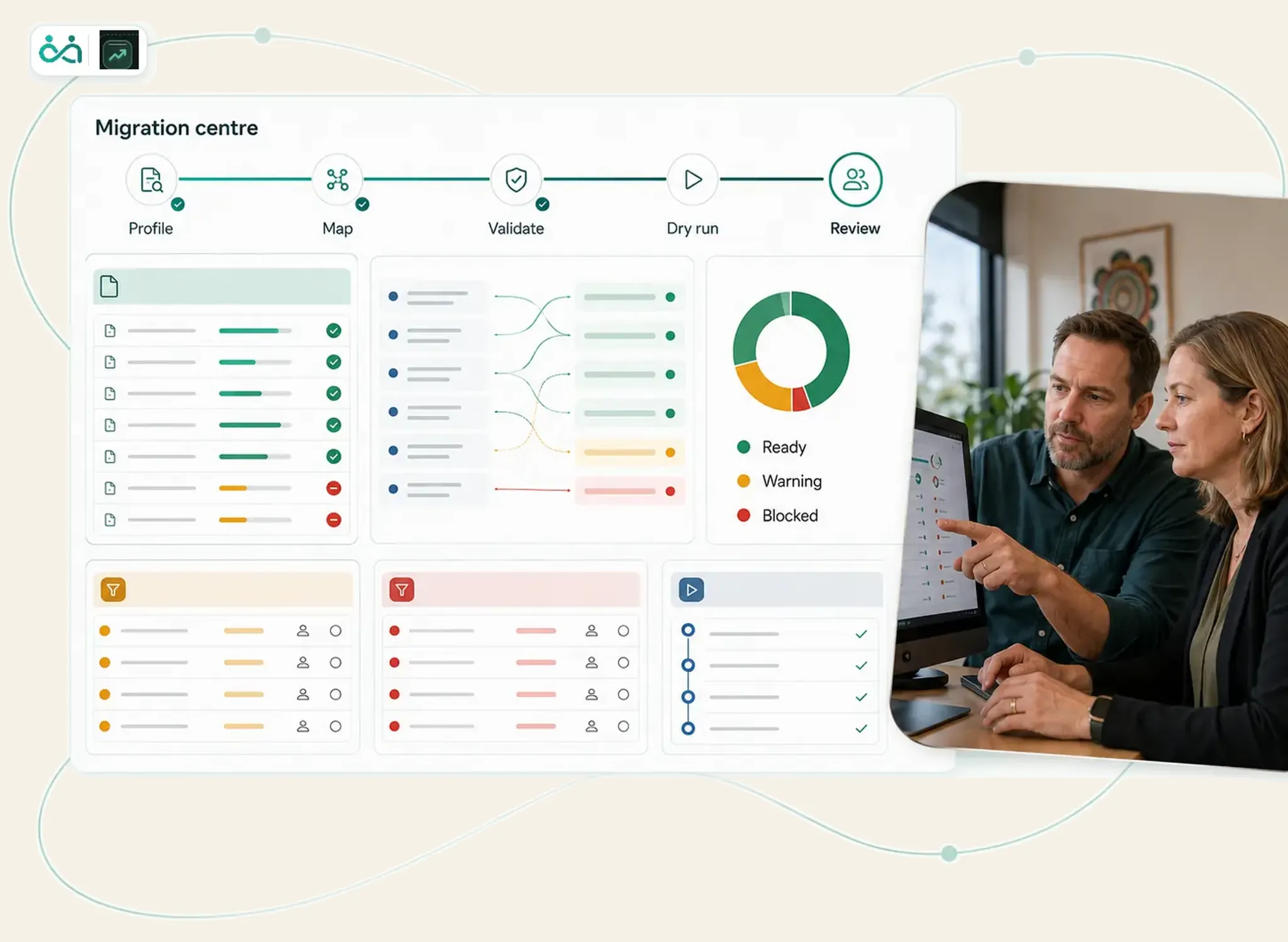Inclusify data migration workspace showing field mapping, validation, dry runs and review checkpoints.