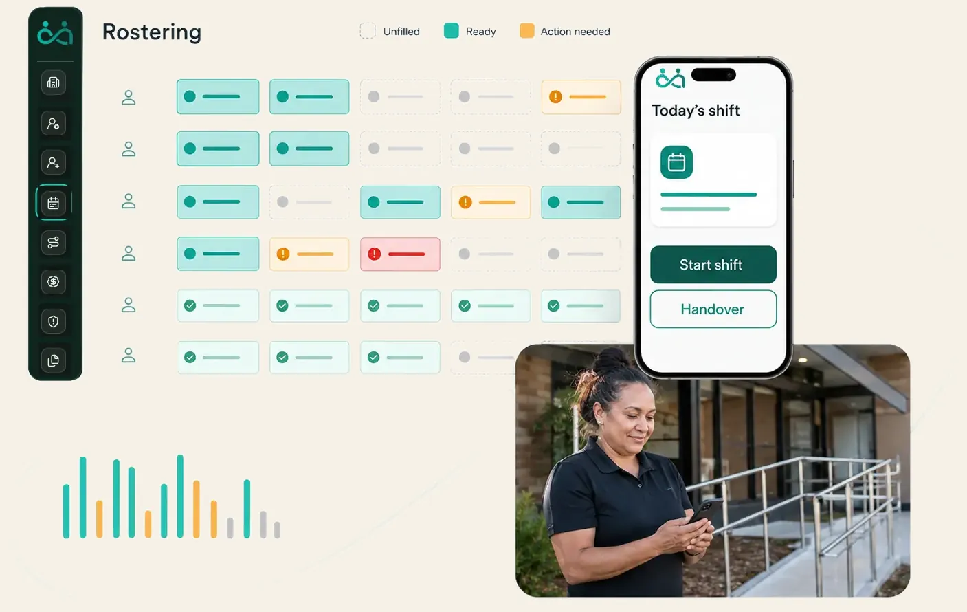 Inclusify NDIS roster showing participant coverage, worker readiness and mobile shift details.