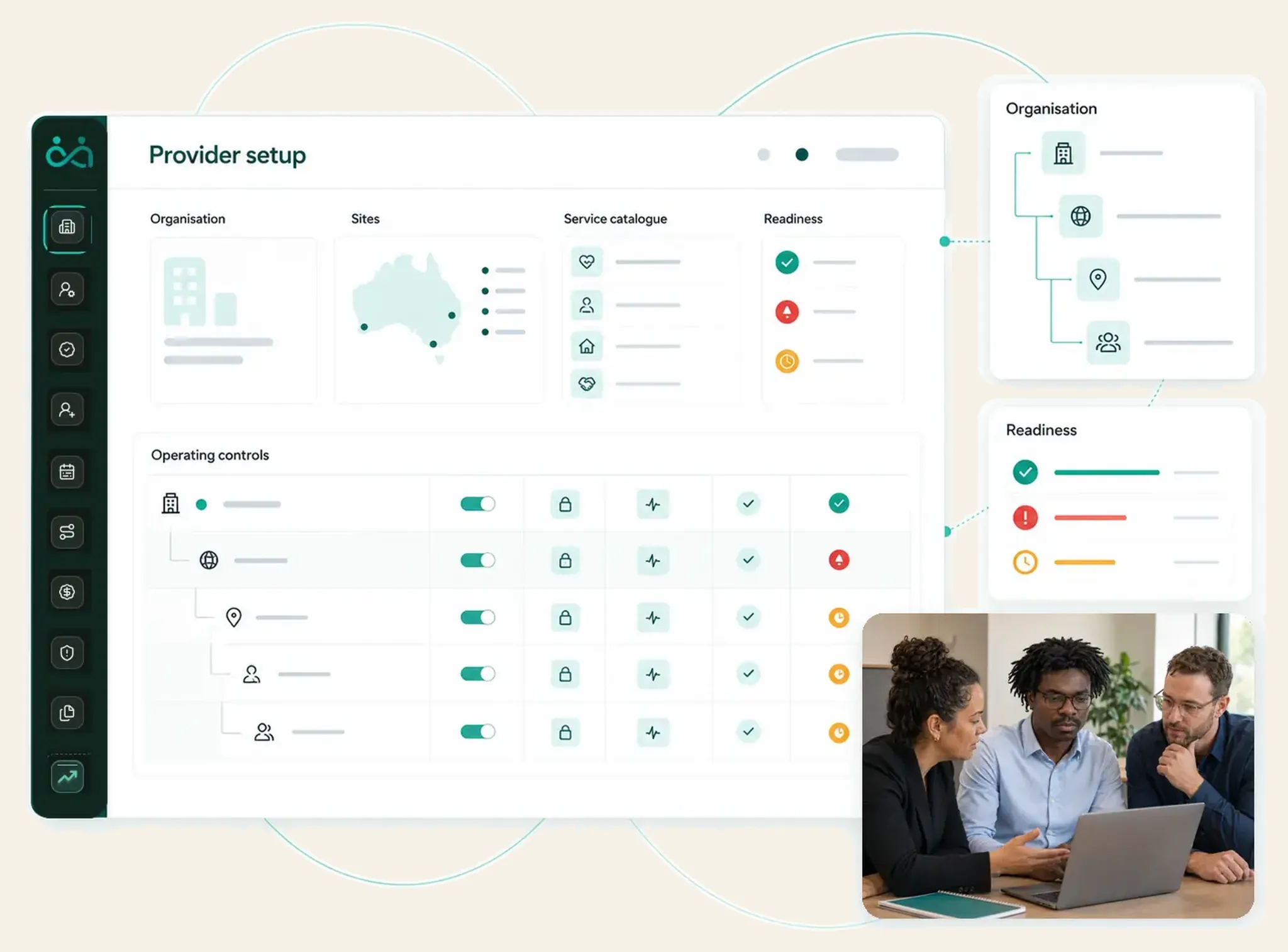 Inclusify provider setup workspace showing organisation structure, services and readiness tasks.