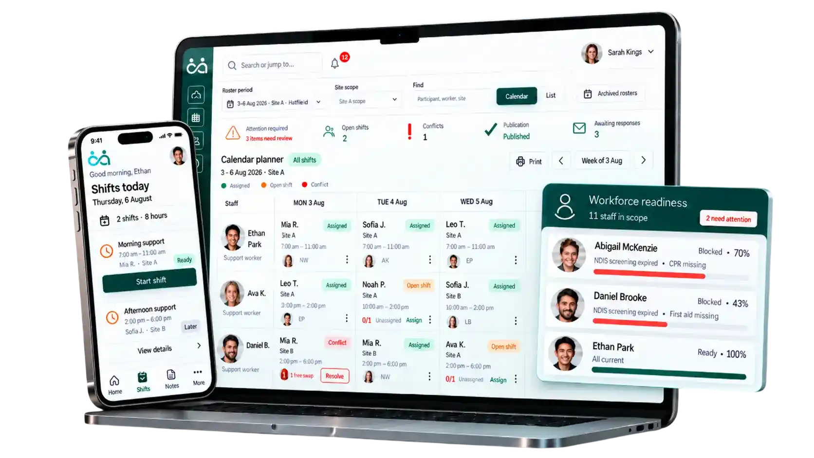 Inclusify NDIS roster dashboard connecting worker readiness, shift publishing and mobile service delivery.