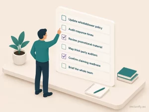 Six-item compliance checklist illustration for NDIS providers responding to the NDIS Integrity and Safeguarding Act 2026