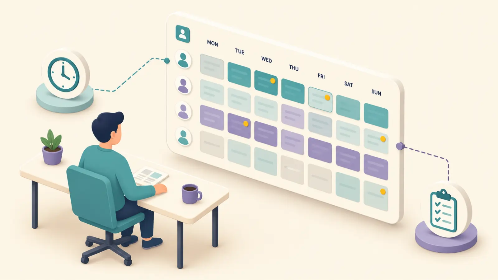 Illustration of an NDIS provider coordinator reviewing a weekly roster while evaluating NDIS rostering software