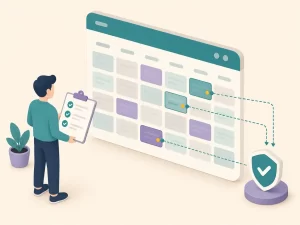 Illustration of a support coordinator reviewing rostering records for NDIS Practice Standards compliance