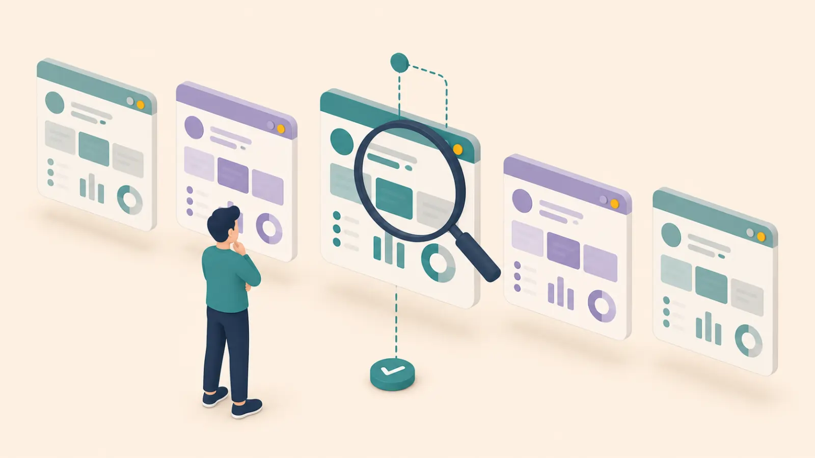 Illustration of an NDIS provider comparing several software dashboards to decide how to choose NDIS software
