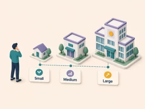 Illustration showing NDIS software needs changing across sole trader, small team, and multi-site provider scale
