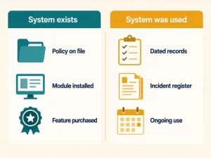 Comparison infographic showing the difference between software features existing and being actively used for compliance evidence