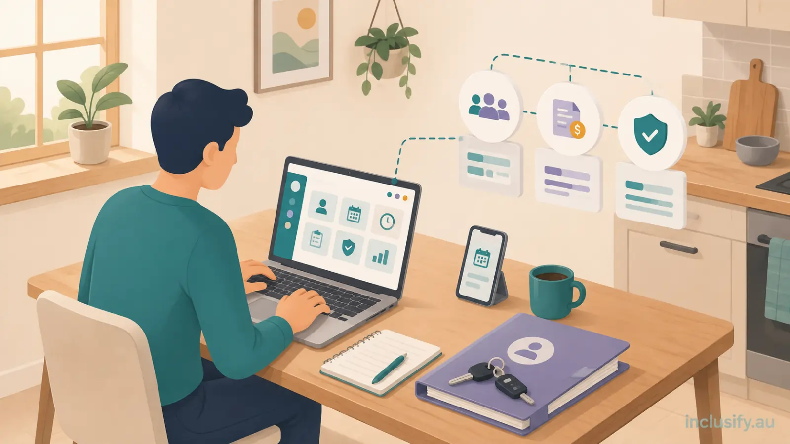 A sole trader using NDIS software for small providers to manage rostering, participant records and claims from a home office