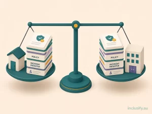 Illustration of a level balance scale showing equal compliance document stacks for a small NDIS provider and a large NDIS provider