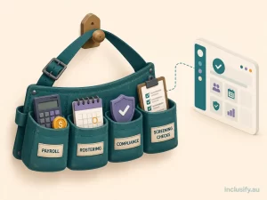 Illustration of a fully loaded tool belt representing payroll, rostering and compliance tasks carried by a small NDIS provider owner, supported by NDIS software for small providers