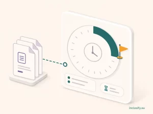  Illustration of a countdown dial with a deadline marker representing the 90-day NDIS claim window, teal and amber isometric style