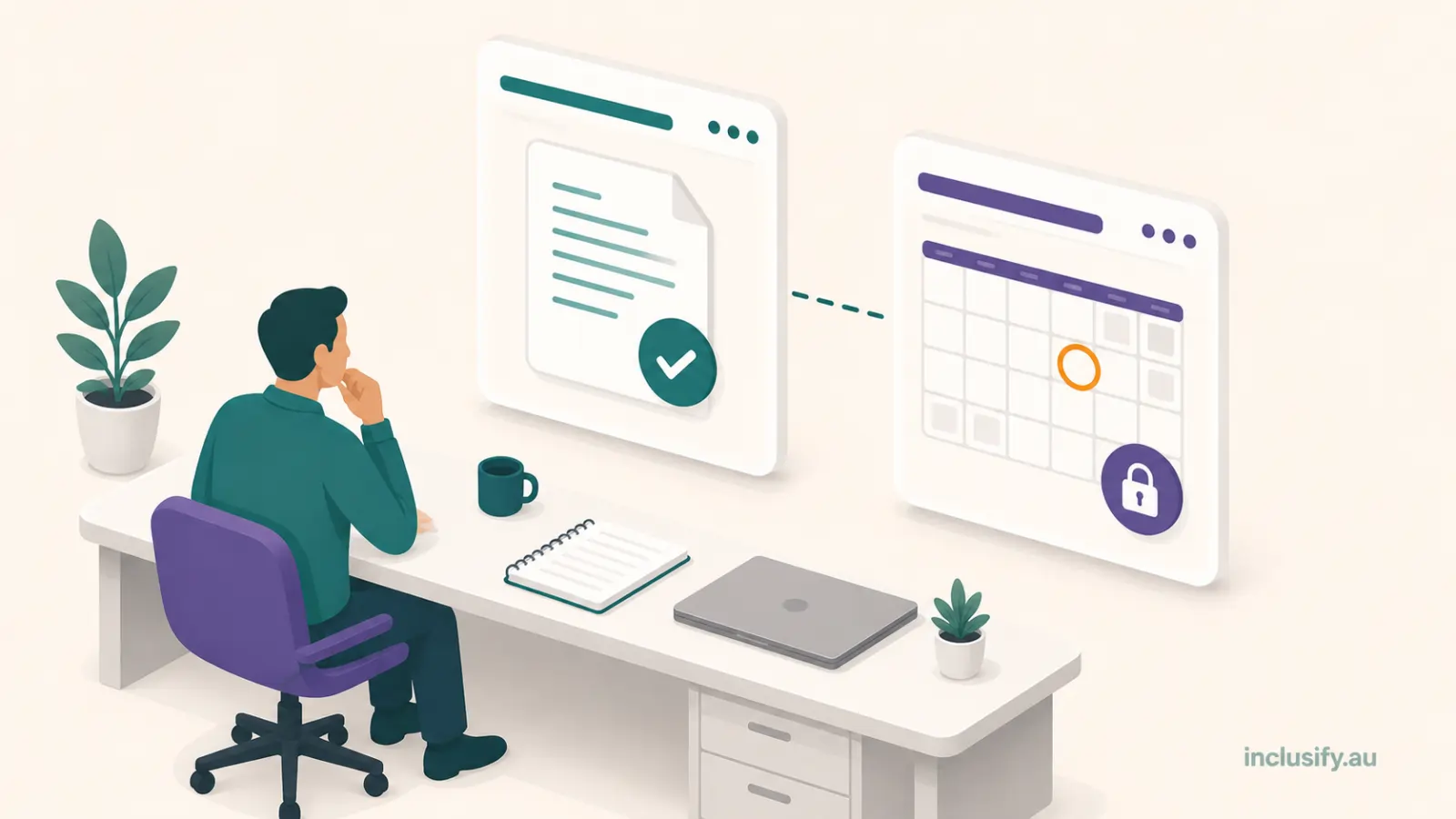 NDIS invoicing software: a billing team lead reviewing confirmed Senate passage alongside a future commencement date, teal and purple isometric illustration