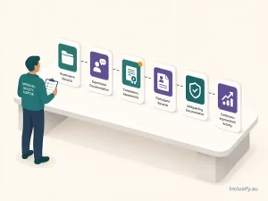 Illustration of an NDIS Commission auditor reviewing six categories of evidence, including governance records, supervision documentation, and participant records, isometric teal and purple style