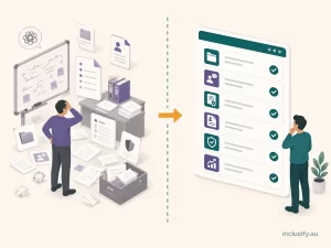 Split illustration contrasting scattered compliance records with a single organised evidence system, representing the operational gap behind most SIL Practice Standards audit failures