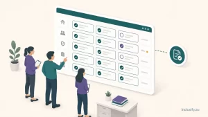 Illustration of an NDIS provider team confidently reviewing audit-ready records on a shared dashboard, representing ongoing Supported Independent Living compliance, teal and purple isometric style