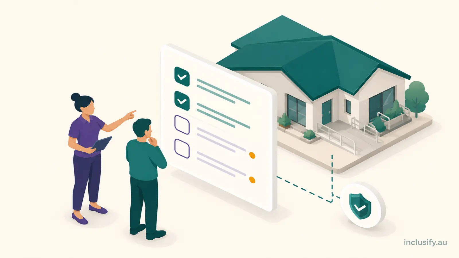 SIL Practice Standards checklist: an NDIS support worker and team leader reviewing a compliance dashboard together in a shared-living home, teal and purple isometric illustration