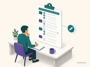 Illustration of an NDIS provider working through a SIL Practice Standards checklist on a clipboard-style dashboard, teal and purple isometric style