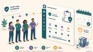 Closing banner illustration of a provider team with an audit-ready evidence dashboard and no looming deadlines