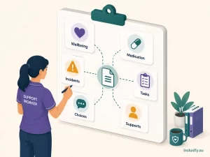 Illustration of a support worker completing a handover note covering wellbeing, medication, incidents and outstanding tasks