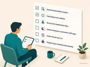 Six-item buying checklist illustration for payroll software built for NDIS providers with complex awards