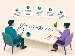 Illustration of two people discussing questions to ask a payroll software vendor during a demo