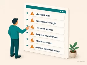 Illustration of six common SCHADS Award payroll failure points that lead to underpayment