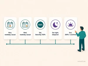Illustration of a support worker's five-shift week showing different SCHADS Award pay rules applying to each shift
