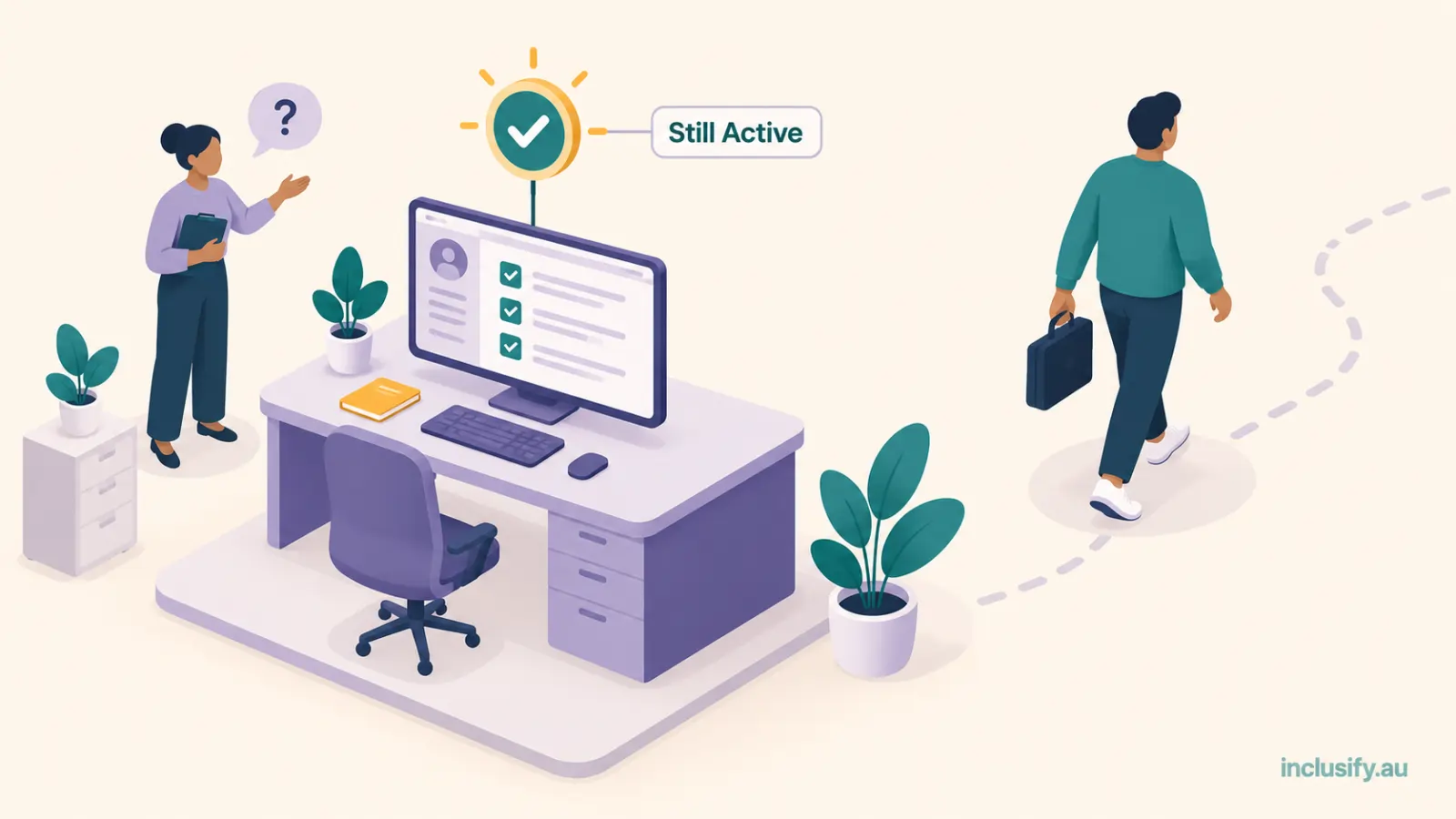 Illustration of NDIS role-based access showing a departed worker's account still active while a coordinator notices the gap