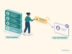 Illustration of an NDIS provider owner assigning a new team member to a pre-built role template rather than building permissions from scratch