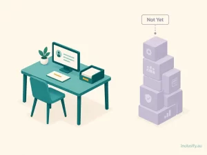  Illustration contrasting a simple sole trader desk setup with unused organisational software modules like rostering and multi-site management
