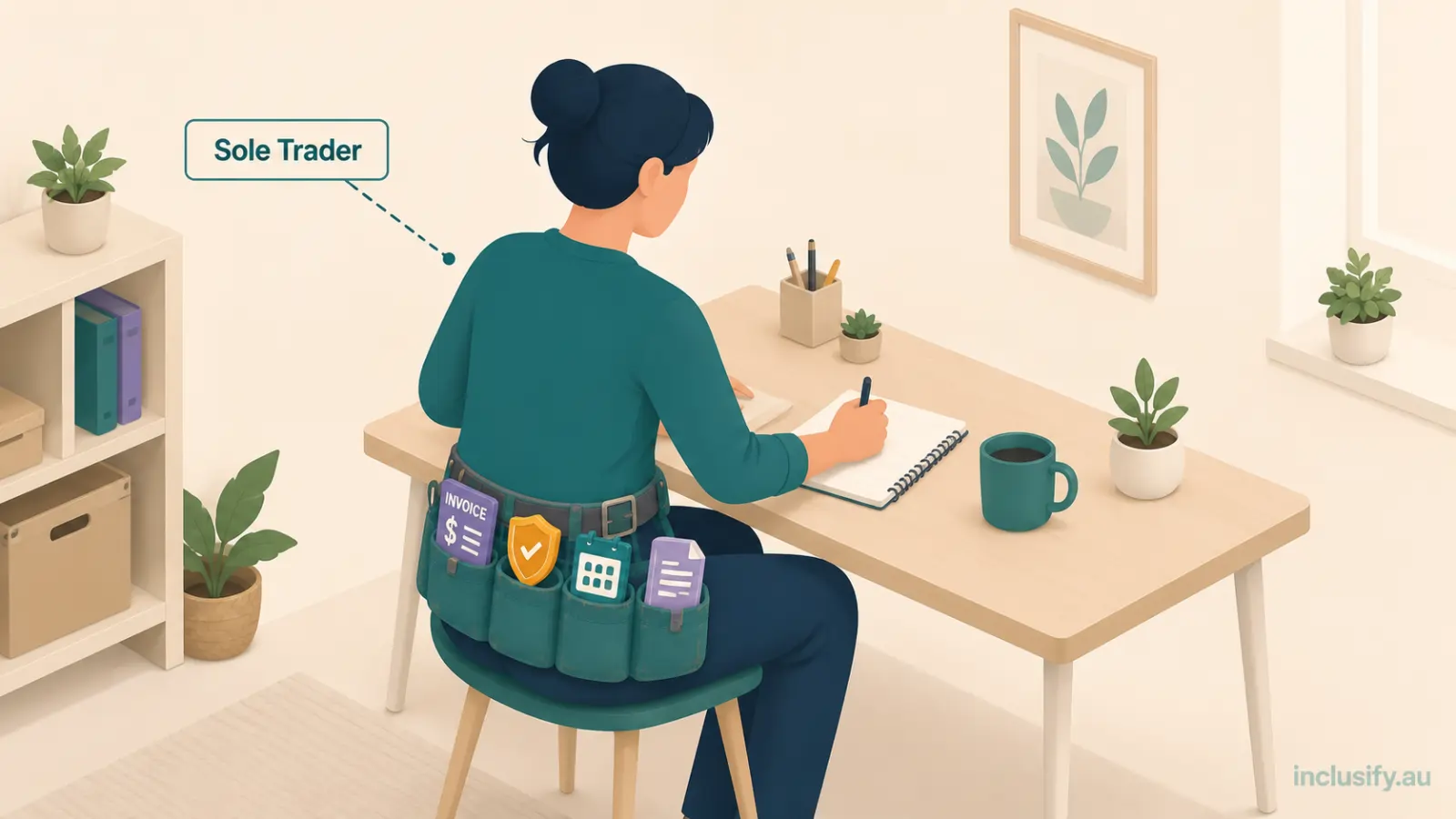 Illustration representing NDIS software for sole traders, showing one independent provider equipped for every part of running their own NDIS business