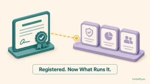 Illustration showing the handoff from completing NDIS sole trader registration to choosing software to run day-to-day operations
