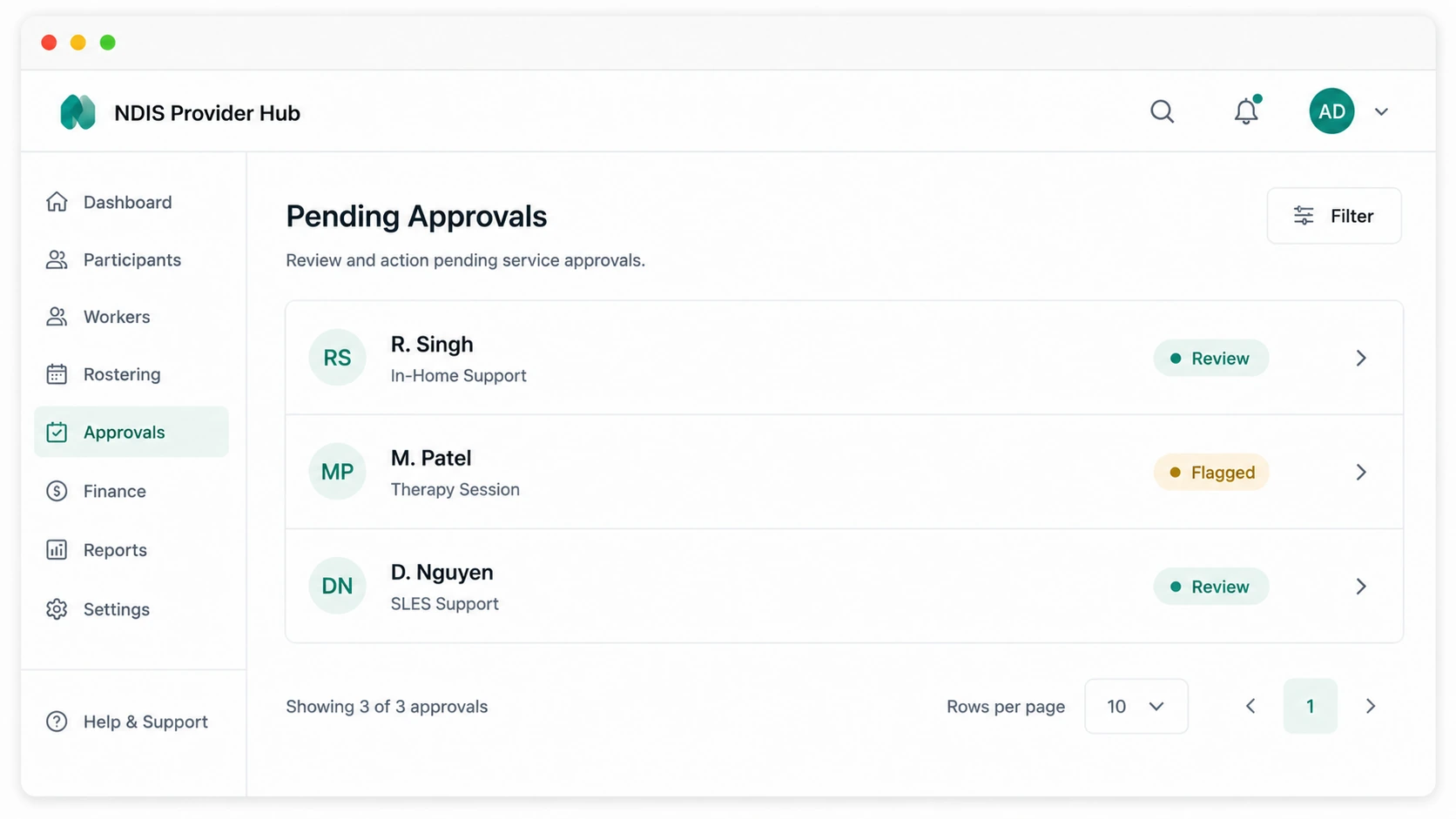 Participant profile interface showing goals and active plans