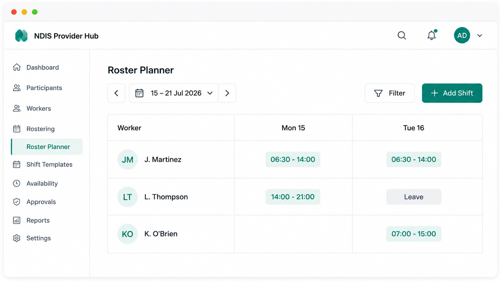 Rostering interface showing worker compliance and schedule