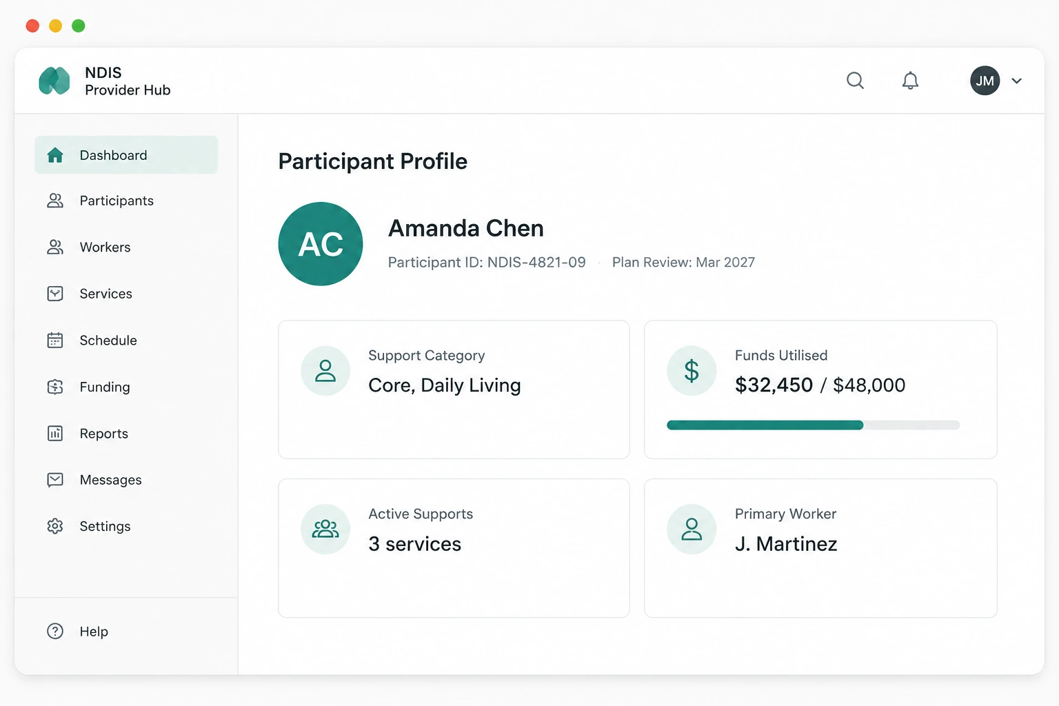 Participant profile screen showing personal details, NDIS goals, and support history