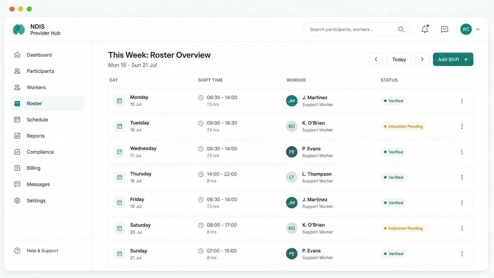 Roster view showing worker assignments with compliance status badges for verified workers