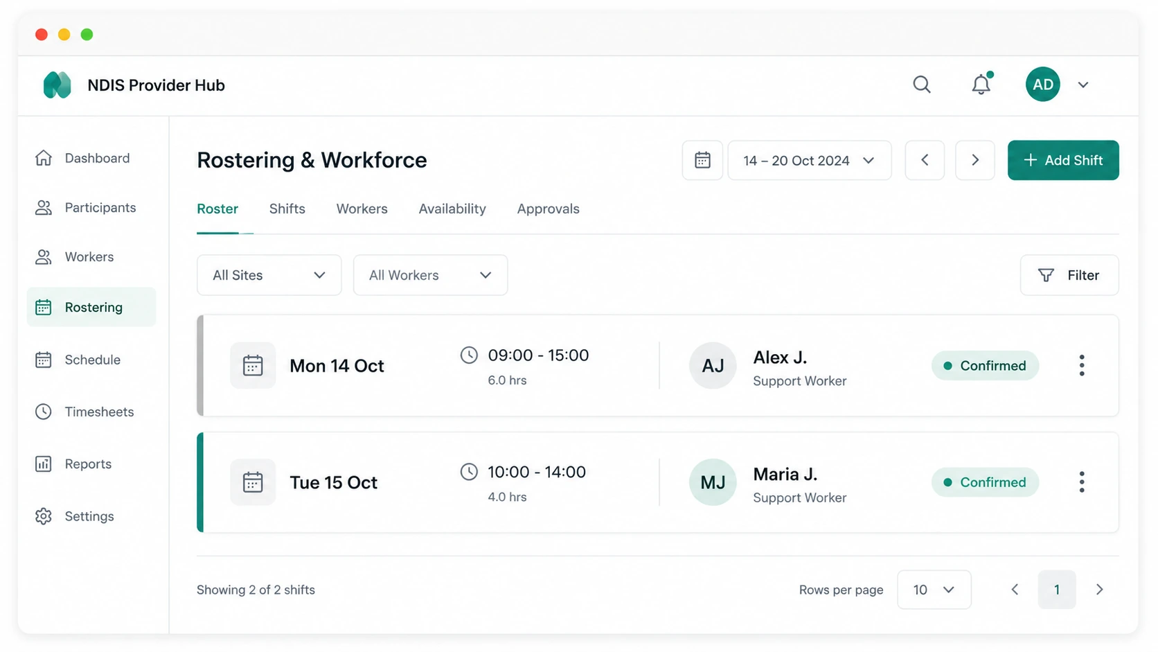 Support worker mobile view showing shift schedule